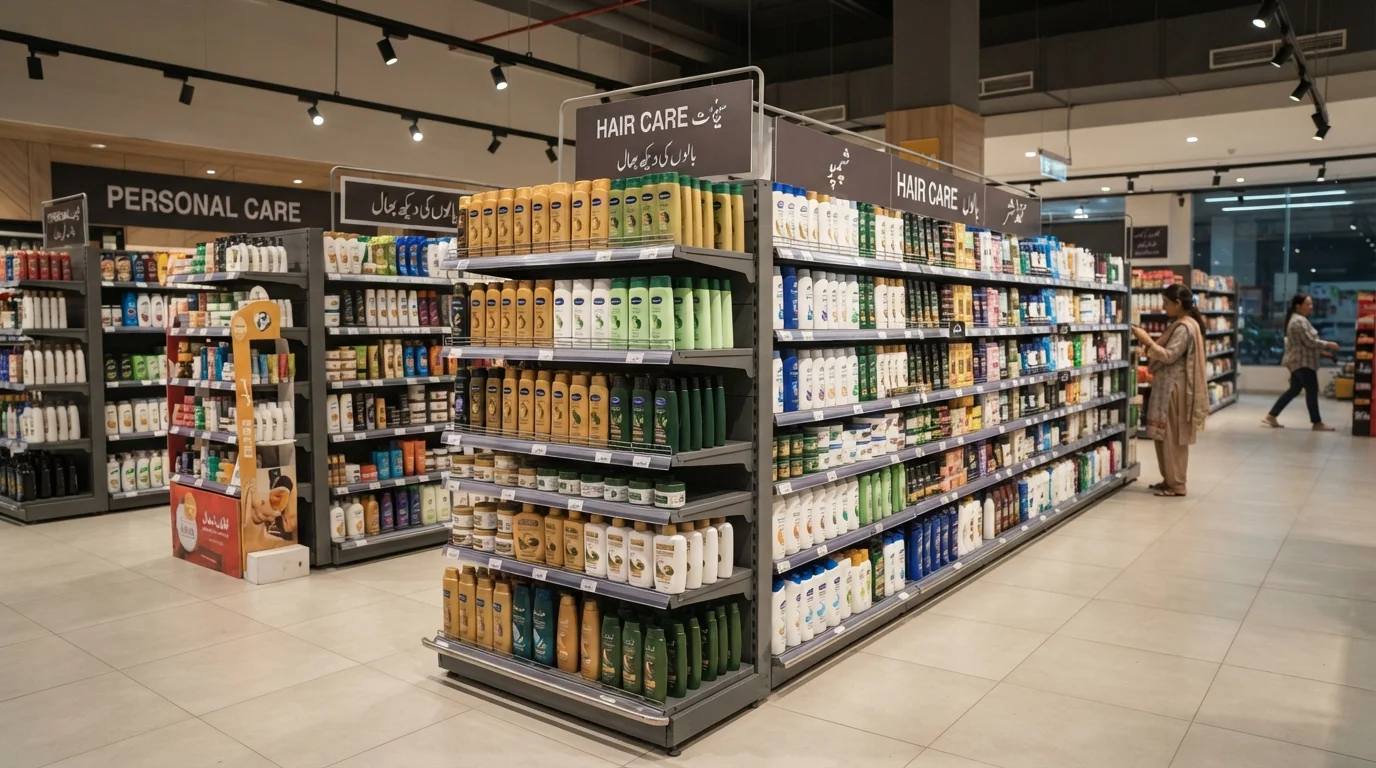 Hair care products on a supermarket shelf in Pakistan
